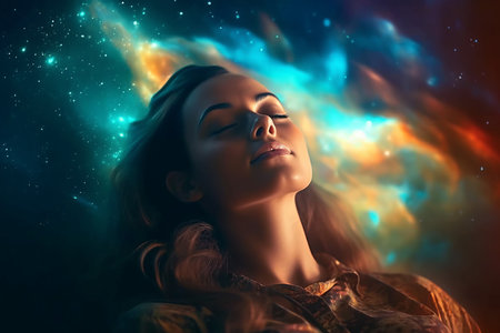 a woman with her eyes closed in spaceの素材