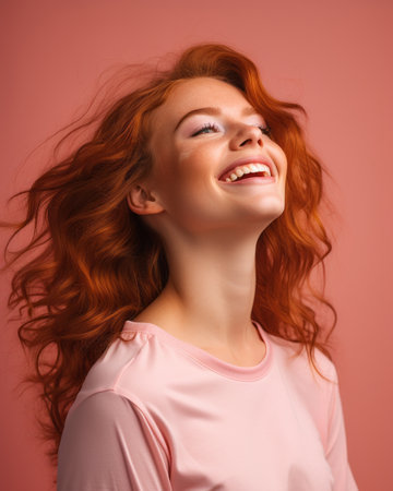 a woman with red hair smiling and looking upの素材
