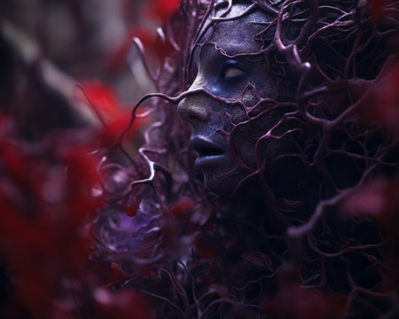 a womans face is covered in red vinesの素材