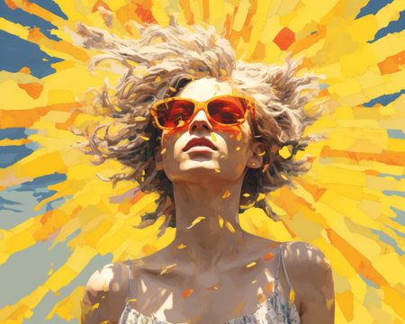 a woman with sunglasses and a sunburst in the backgroundの素材