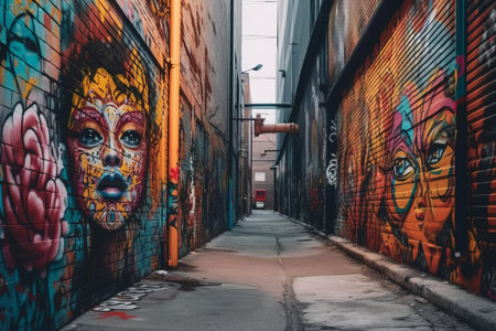 an alley with colorful graffiti on the wallsの素材