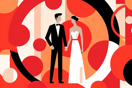 an illustration of a bride and groom standing in front of a red and black backgroundの素材