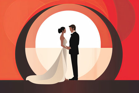 an illustration of a bride and groom standing in front of a circular windowの素材