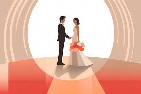 an illustration of a bride and groom standing in front of an archの素材