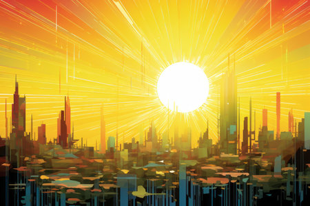 an illustration of a city with the sun in the backgroundの素材