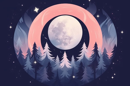 an illustration of a full moon in the sky with trees in the backgroundの素材