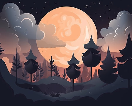an illustration of a forest at night with a full moonの素材