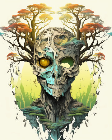 an illustration of a skull with trees in the backgroundの素材