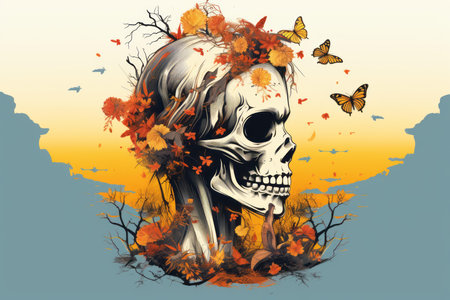 an illustration of a skull with autumn leaves and butterfliesの素材