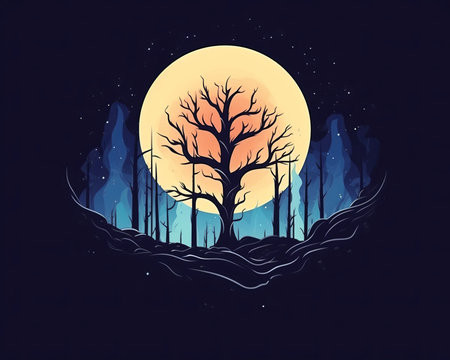an illustration of a tree with a full moon in the backgroundの素材