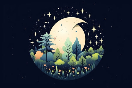 an illustration of the night sky with trees and the moonの素材