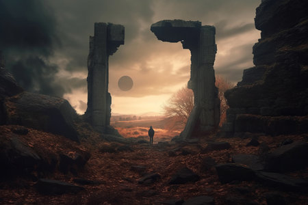 an image of a man standing in front of an archwayの素材