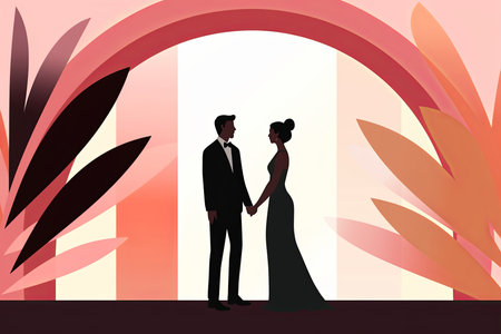 an illustration of two people holding hands in front of an archの素材