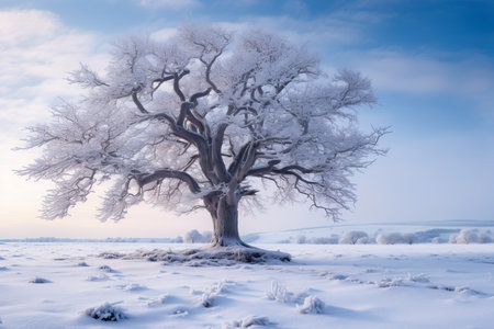 an image of a tree covered in snow in the middle of a fieldの素材