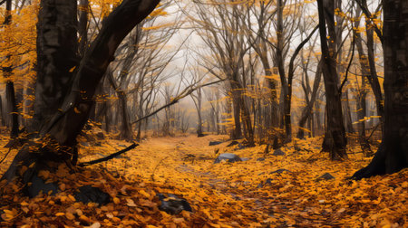 an image of an autumn forest with leaves on the groundの素材