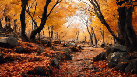 an image of an autumn forest with leaves on the groundの素材