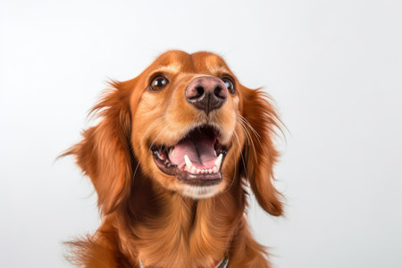 an irish setter dog with its mouth open on a white backgroundの素材