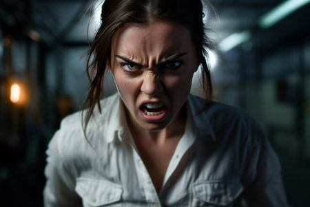 angry woman with angry face in dark roomの素材