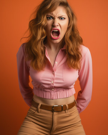 angry woman with red hair screaming on an orange backgroundの素材