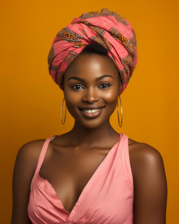 beautiful african american woman in pink dress and turban on orange backgroundの素材