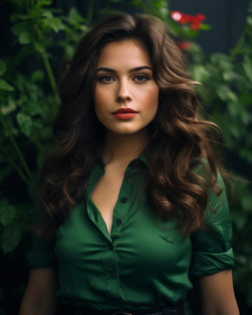 beautiful young woman in green shirt and black beltの素材