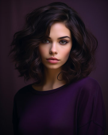 beautiful young woman with dark hair and purple shirtの素材