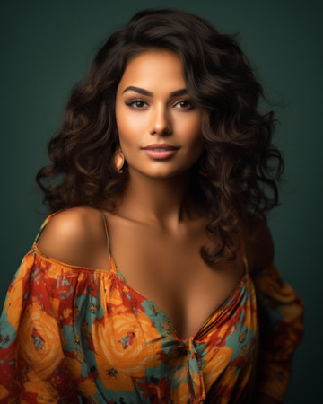 beautiful young woman with curly hair posing for the cameraの素材