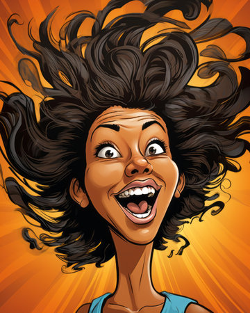 cartoon illustration of an african american woman with her hair blowing in the windの素材