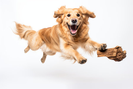 golden retriever dog jumping in the air with a toy in its mouthの素材