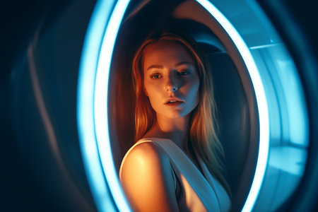 portrait of a beautiful woman in a futuristic hologramの素材