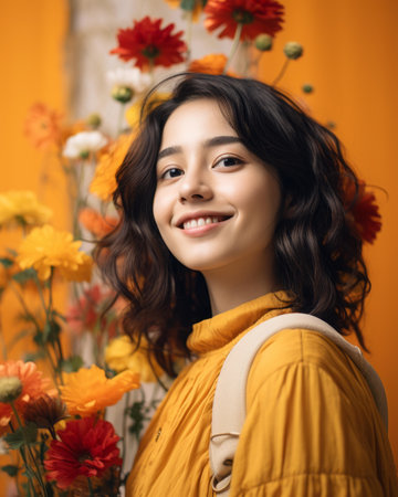 portrait of a beautiful young woman with a bouquet of flowers on an orange backgroundの素材