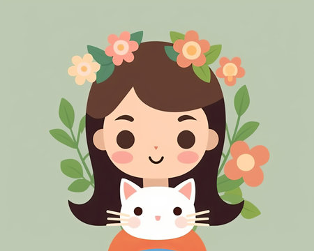illustration of a girl holding a cat with flowers in her hairの素材