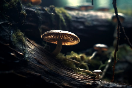 mushrooms are growing on a log in the forestの素材