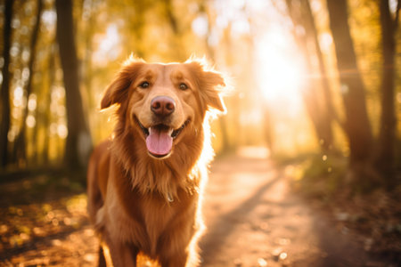 golden retriever dog in the forest at sunsetの素材