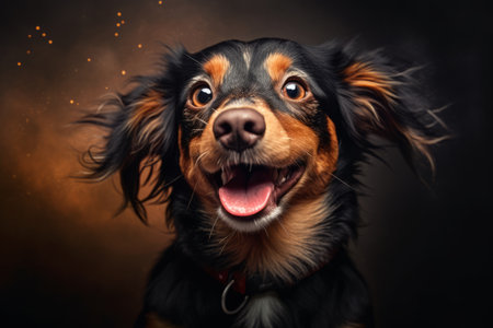 portrait of a cute dog on a black backgroundの素材