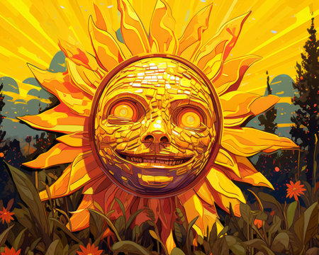 the sun is in the middle of a field with flowers and treesの素材