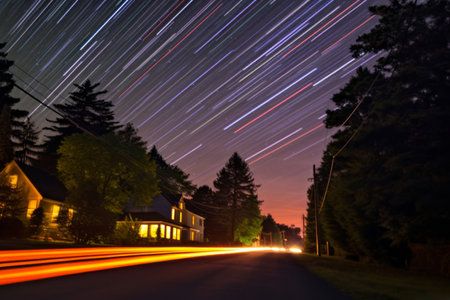 star trails over a residential street at nightの素材