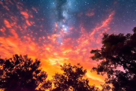 the milky way over trees in the night skyの素材