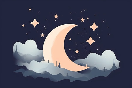 the moon and stars are in the night skyの素材