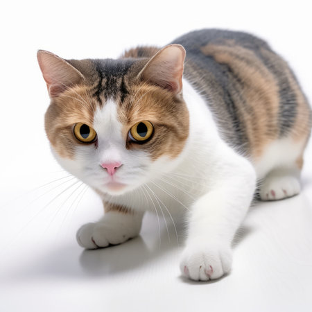 a calico cat is walking on a white surfaceの素材