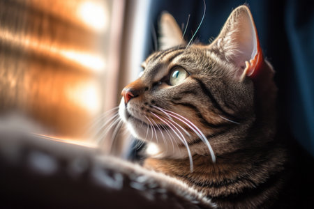 a tabby cat looking out the windowの素材
