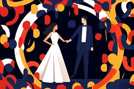 an illustration of a bride and groom standing in front of confettiの素材