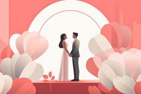 an illustration of a bride and groom standing in front of flowersの素材