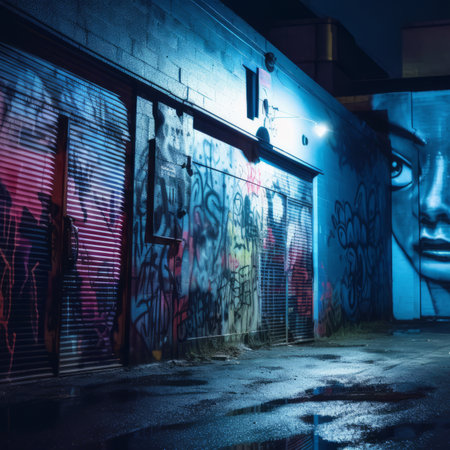 graffiti on the side of a building at nightの素材