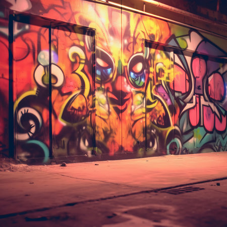 graffiti on a wall in an alley at nightの素材