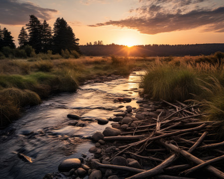 the sun sets over a river in the middle of a grassy fieldの素材