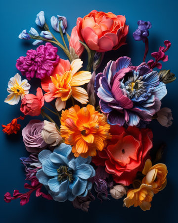 a bouquet of colorful flowers on a blue backgroundの素材