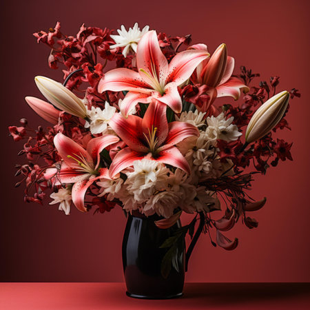 a black vase filled with red and white flowersの素材