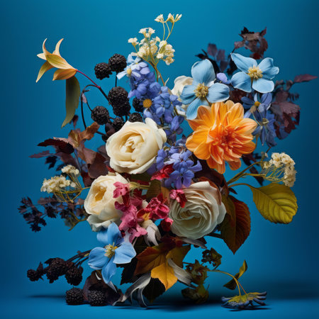 a bouquet of flowers is shown on a blue backgroundの素材
