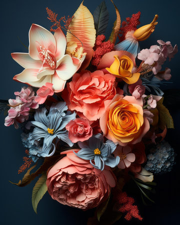 a bouquet of colorful flowers on a dark backgroundの素材
